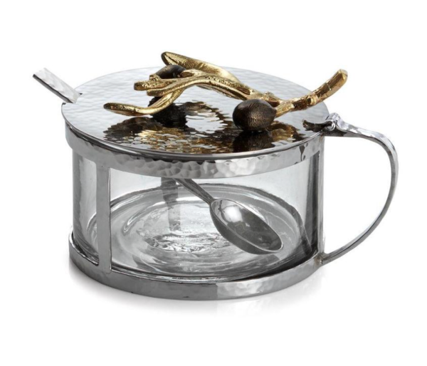 Olive Branch Gold Condiment Container w  Spoon Hot on Sale